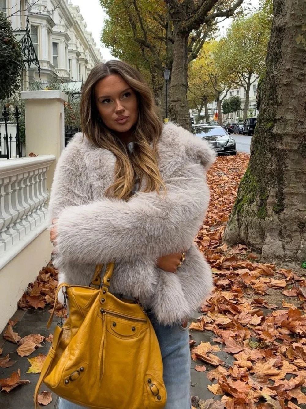 Plush Faux Fur Coat in Light Gray - Women's Jacket